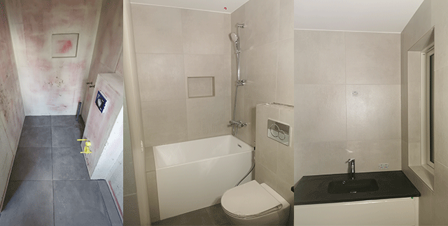 Totalrenovering af badeværelse. Der er opsat lysebrune store klinker på vægge og gulve. På billede ses et badekar og et toilet.