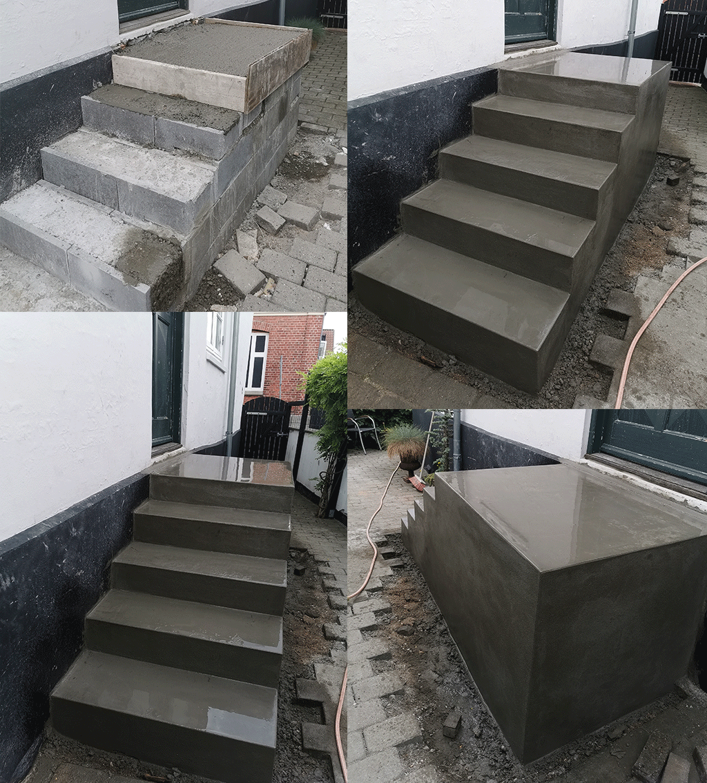Flot nybygget trappe som et støbt i beton med en flot pudset overflade som skinner fordi der er regn på. lavet i aalborg