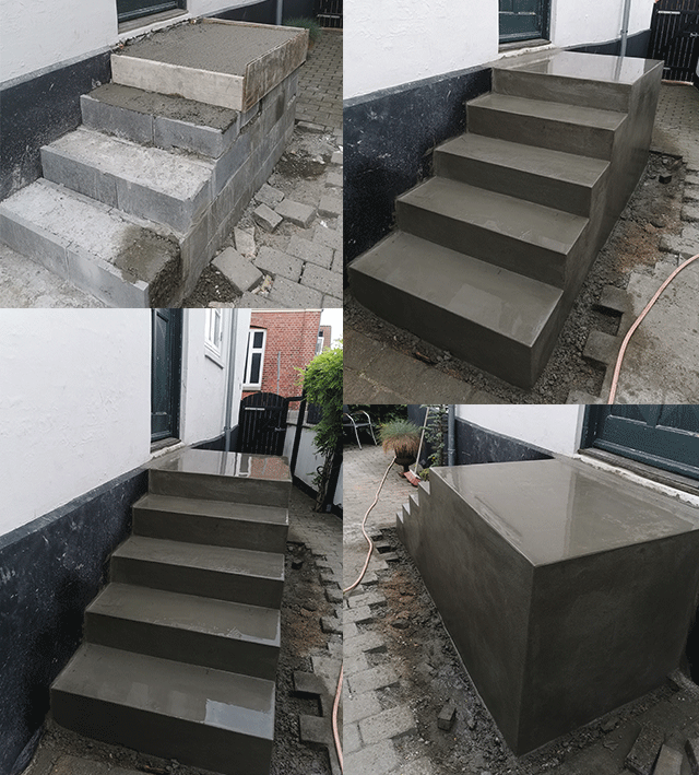 Flot nybygget trappe som et støbt i beton med en flot pudset overflade som skinner fordi der er regn på.