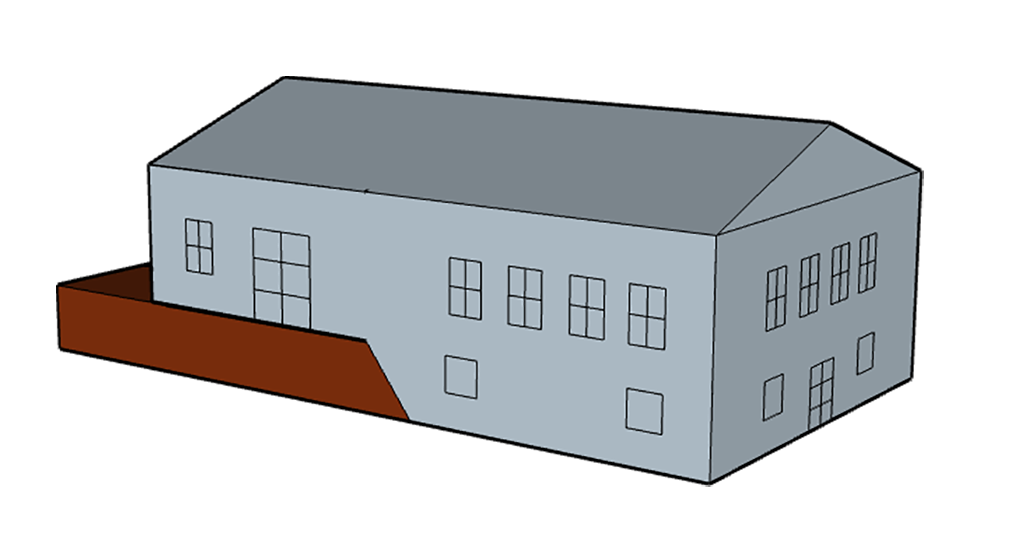 Tegning af hus med forskudt plan